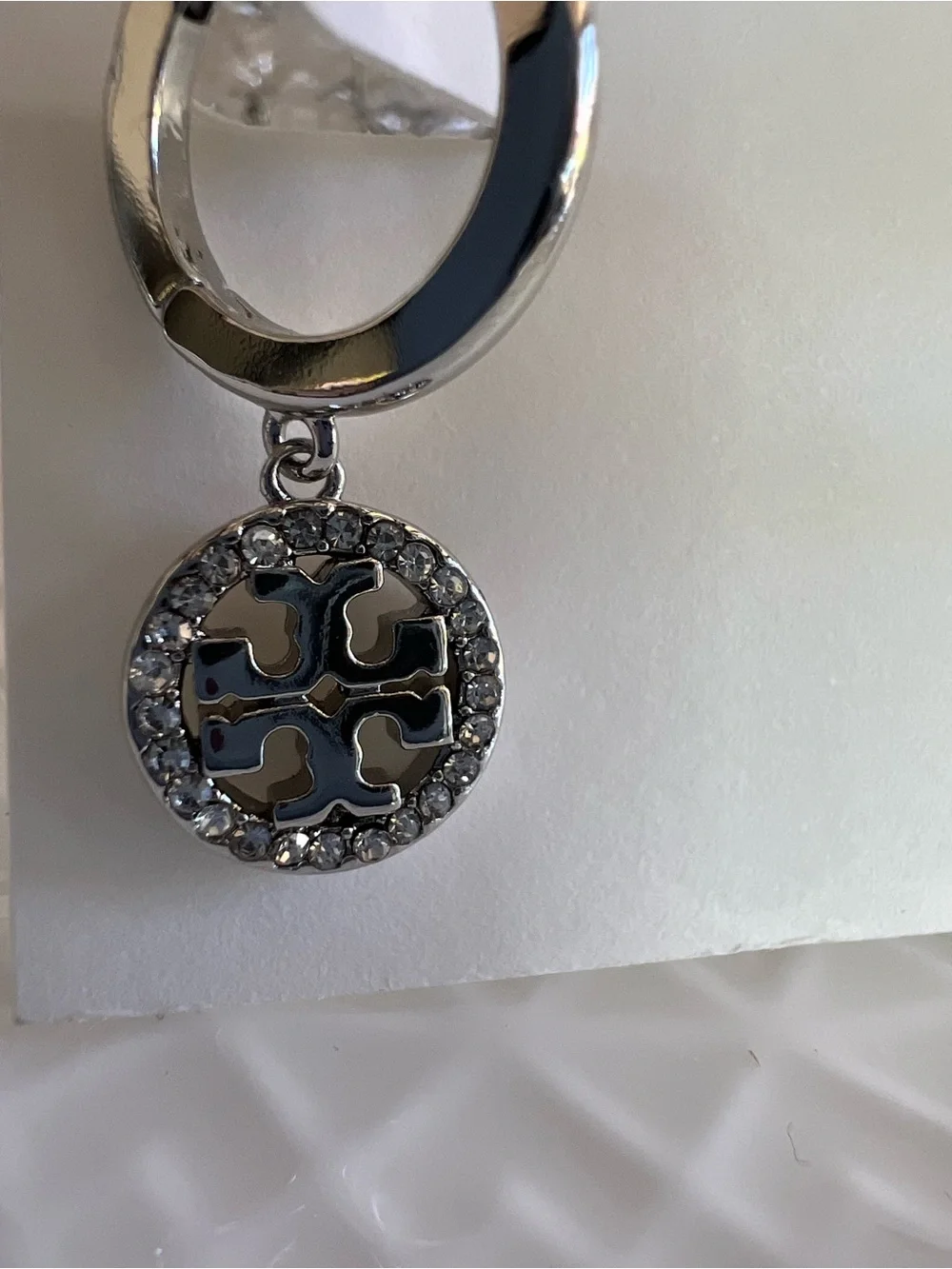 Tory Burch Silver Logo Hoop Dangle Earrings with Crystal Accents